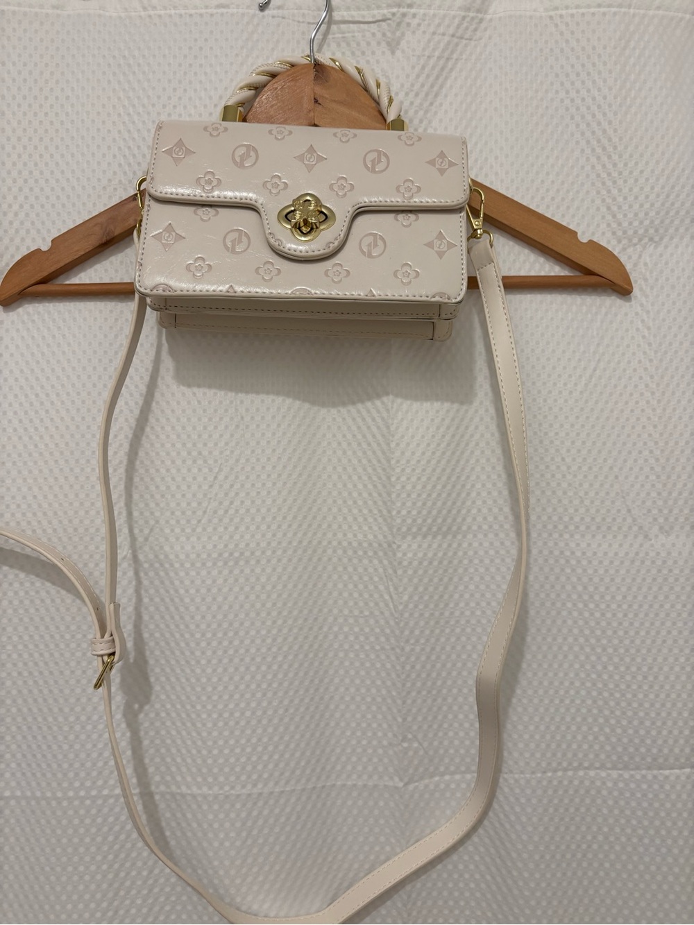Cream Embossed Crossbody Bag with Gold Hardware